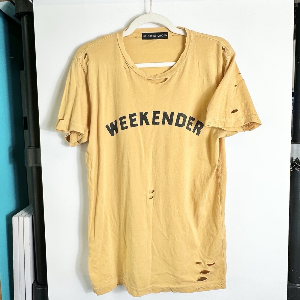 Lulusimonstudio Womens Sz M Yellow Distressed Weekender Tee USA Grunge Destroyed